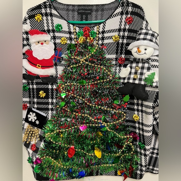 Handmade Decorated Ugly Christmas Tree Sweater Black & White Size L - Picture 2 of 7